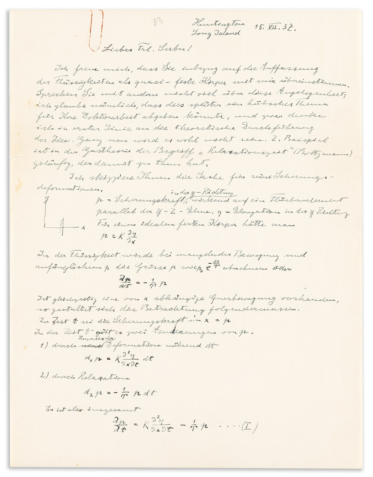 (SCIENTISTS.) EINSTEIN, ALBERT. Autograph Letter Signed, A.E., to aspiring Romanian physicist Melanie Serbu (Dear Miss Serbu), in G